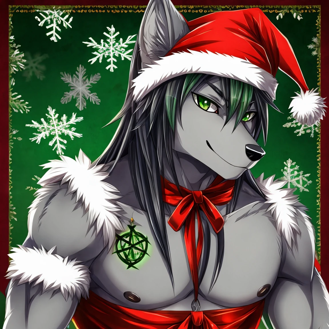 Gray anime wolf with green eyes and hair and pentagrams on right hand and back that are colors green Christmas themed