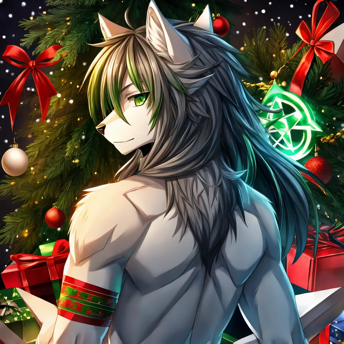 Gray anime wolf with green eyes and hair and pentagrams on right hand and back that are colors green Christmas themed