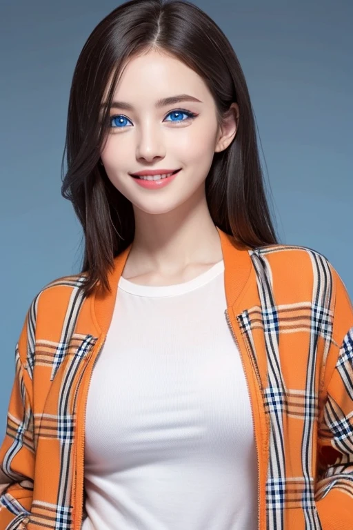 (((eBlue eyes)))，((is a perfect face))，Beutiful women，Long gray hair，Toothy smile，whitet-shirt，((Orange plaid jacket)),((blue backdrop))