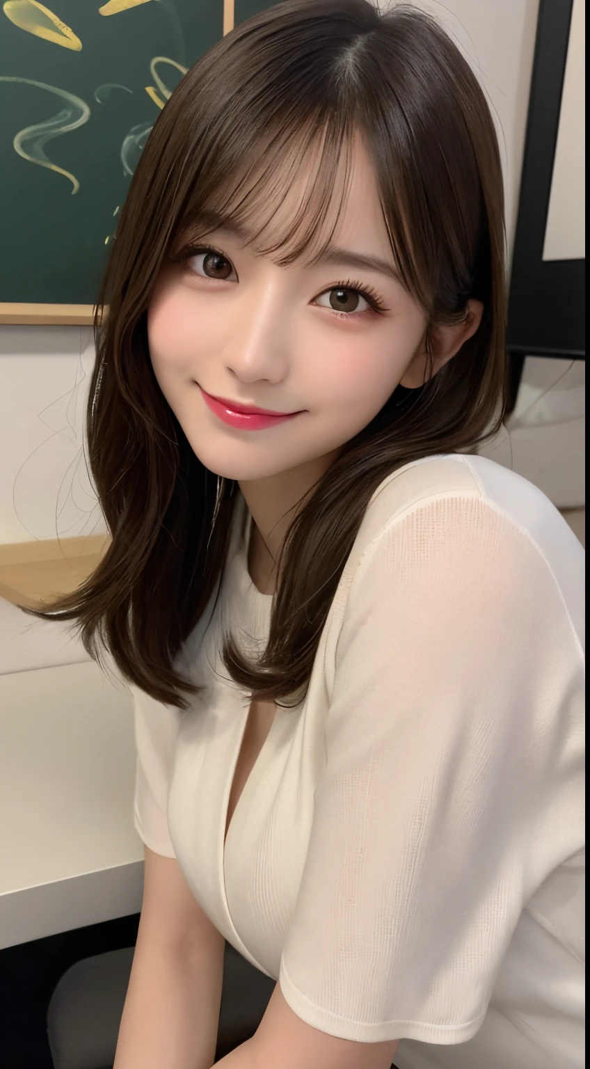 masutepiece, Best Quality, Illustration, Ultra-detailed, finely detail, hight resolution, 8K Wallpaper, Perfect dynamic composition, Beautiful detailed eyes, Casual Office Outfits,Medium Hair,small tits,Natural Color Lip, Bold sexy poses,Smile,Harajuku、20 years girl、Cute、Sexy shot looking at camera