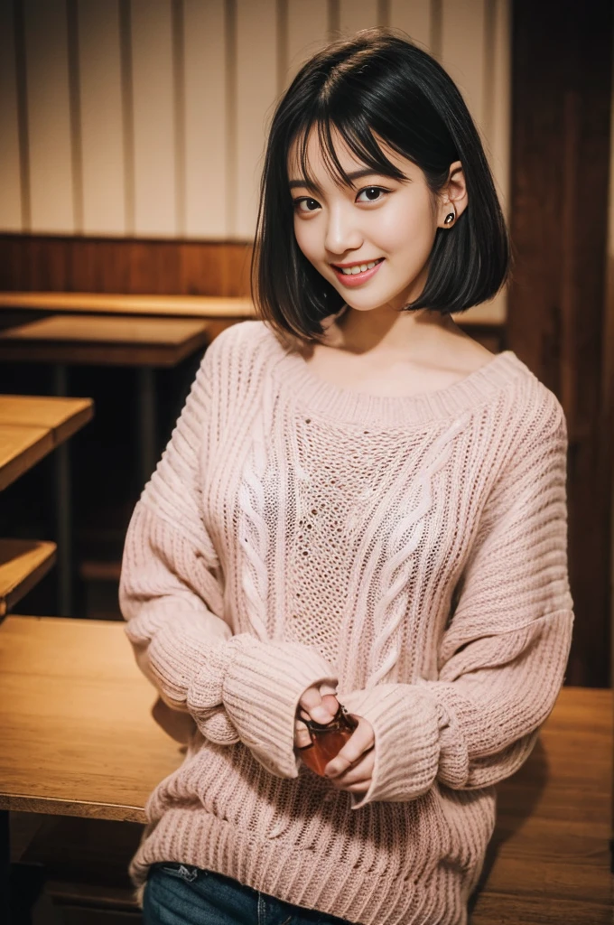 (8K、top-quality、​masterpiece:1.2)、(reallistic、Photorealsitic:1.2)crowded store、There is a woman sitting and drinking beer, bar girl, In a tatami room, with a drink, Drinking beer, In the pub, In the pub, at bar,at bar, Drinking beer, Drink at the bar, low-cut top, Sashimi set meal　And food　Karaage　downbrouse、No bangs:1.10、straight flat chest:1.20, (leaning-forward:1.3)、(Oversized sweater、Loose sweater、Low-cut sweater:1.5)、bra very.10, Pink areola is visible:1.20,  A Cup:1.20, Erotic, (top-quality、8K、32K、​masterpiece)、japanes、22year old、Very pretty girl、a beauty girl、Bright smile、outside of house、shinny skin、blurry backround、short-cut:1.10、Ear hooks:1.20, A dark-haired:1.10, Upper body close-up、Shot from above　A refreshing smile　Alafed Girl, chiho, iwakura lain, closeup Iwakura Lain, With short hair, Shiori Teshirogi, Kotegawa Yui, hime-cut, She is 22 years old, sui ishida with black hair, lain iwakura, girl cute-fine-face, Clear pubic contours,(Small breasts), hight resolution, ighly detailed, top-quality, [​masterpiece:1.6],, ighly detailed, nffsw, finely detail, top-quality, , Cinematographic lighting, 1girl in、22year old、Cute Japan Girls、perfect body type、, Cute droopy eyes、Beautiful big eyes、ultra-detailliert、hight resolution、Transcendent beauty　top-quality、​masterpiece、majicMIX Real、(Raw photography:1.2)、(Photorealsitic:1.4)、sushi restaurant　Japanese restaurant　Izakaya、japanese style bar、Beer mug、Kamimei(8K、top-quality、​masterpiece:1.2)、(reallistic、Photorealsitic:1.2)