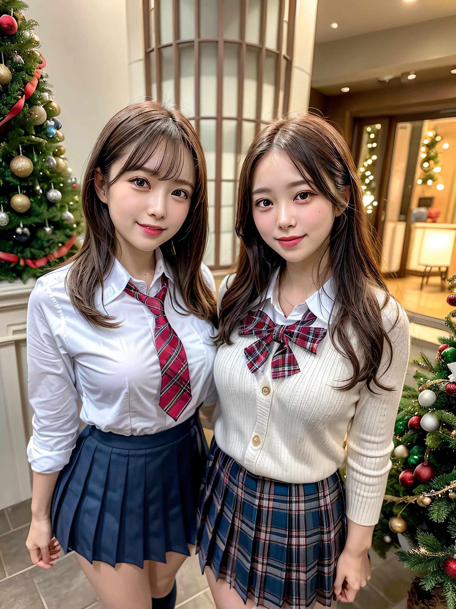 (2girls:1.4), Extremely cute, Amazing face and eyes, (Beautiful lovely smile), (extremely detailed beautiful face), bright and shiny lips, (School uniform, Pleated skirt:1.3), (Best Quality:1.4), (hyper quality), (Ultra-detailed), (Hyper-realistic, Photorealsitic:1.37), Authentic skin texture, intricate-detail, extremely detailed CG unified 8k wallpaper, RAW Photos, professional photograpy, Cinematic lighting, Exposing, Christmas tree, Christmas Ornaments, Christmas Decorations, Christmas Lights, christmas lights,