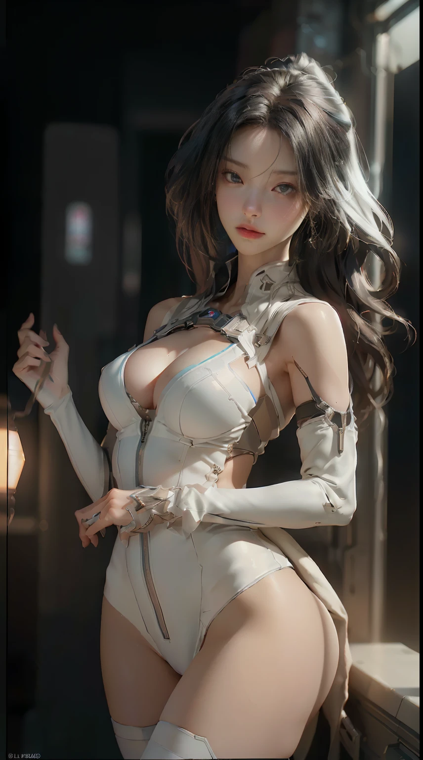 (Best Quality), ((Masterpiece), (Detail: 1.4), 3D, A Beautiful Cyberpunk Woman, HDR (High Dynamic Range), Ray Tracing, NVIDIA RTX, Super-Resolution, Unreal 5, Subsurface Scattering, PBR Textures, Post-Processing, Anisotropic Filtering, Depth of Field, Maximum Sharpness and Clarity, Multi-layer Textures, Albedo and Highlight Maps, Surface Shading, Accurate simulation of light-material interactions, perfect proportions, Octane Render, two-color light, large aperture, low ISO, white balance, rule of thirds, 8K RAW, stockings, large breasts