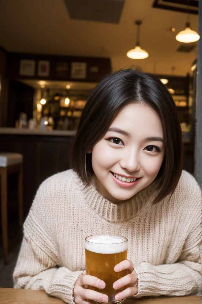 (8K、top-quality、​masterpiece:1.2)、(reallistic、Photorealsitic:1.2)Crowded shops、There is a woman sitting and drinking beer, bar girl, In a tatami room, with a drink, Drinking beer, In the pub, In the pub, at bar,at bar, Drinking beer, Drink at the bar, low-cut top, Sashimi set meal　And food　Karaage　downbrouse、No bangs:1.10、straight flat chest:1.20, (leaning-forward:1.3)、(Oversized sweater、Loose sweater、Low-cut sweater:1.5)、bra very.10, Pink areola is visible:1.20,  A Cup:1.20, Erotic, (top-quality、8K、32K、​masterpiece)、japanes、22year old、Very pretty girl、a beauty girl、Bright smile、outside of house、shinny skin、blurry backround、short-cut:1.10、Ear hooks:1.20, A dark-haired:1.10, Upper body close-up、Shot from above　A refreshing smile　Alafed Girl, chiho, iwakura lain, closeup Iwakura Lain, With short hair, Shiori Teshirogi, Kotegawa Yui, hime-cut, She is 22 years old, sui ishida with black hair, lain iwakura, girl cute-fine-face, Clear pubic contours,(Small breasts), hight resolution, ighly detailed, top-quality, [​masterpiece:1.6],, ighly detailed, nffsw, finely detail, top-quality, , Cinematographic lighting, 1girl in、22year old、Cute Japan Girls、perfect body type、, Cute droopy eyes、Beautiful big eyes、ultra-detailliert、hight resolution、Transcendent beauty　top-quality、​masterpiece、majicMIX Real、(Raw photography:1.2)、(Photorealsitic:1.4)、sushi restaurant　Japanese restaurant　Izakaya、japanese style bar、Beer mug、Kamimei(8K、top-quality、​masterpiece:1.2)、(reallistic、Photorealsitic:1.2)