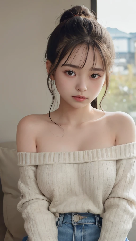 Adorable, pure lust,ar old,ild  t chest,  Japan Girl,  (Off_Shoulder sweater, Bare shoulders), baby hair, hscrunchie, french braids,  (suggestive:1.2),   (Smile:0.7), (Best Quality:1.0), (超A high resolution:1.0) ,(photographrealistic:1), (ultra-detailliert:1.0), (8k RAW photo:1.1),