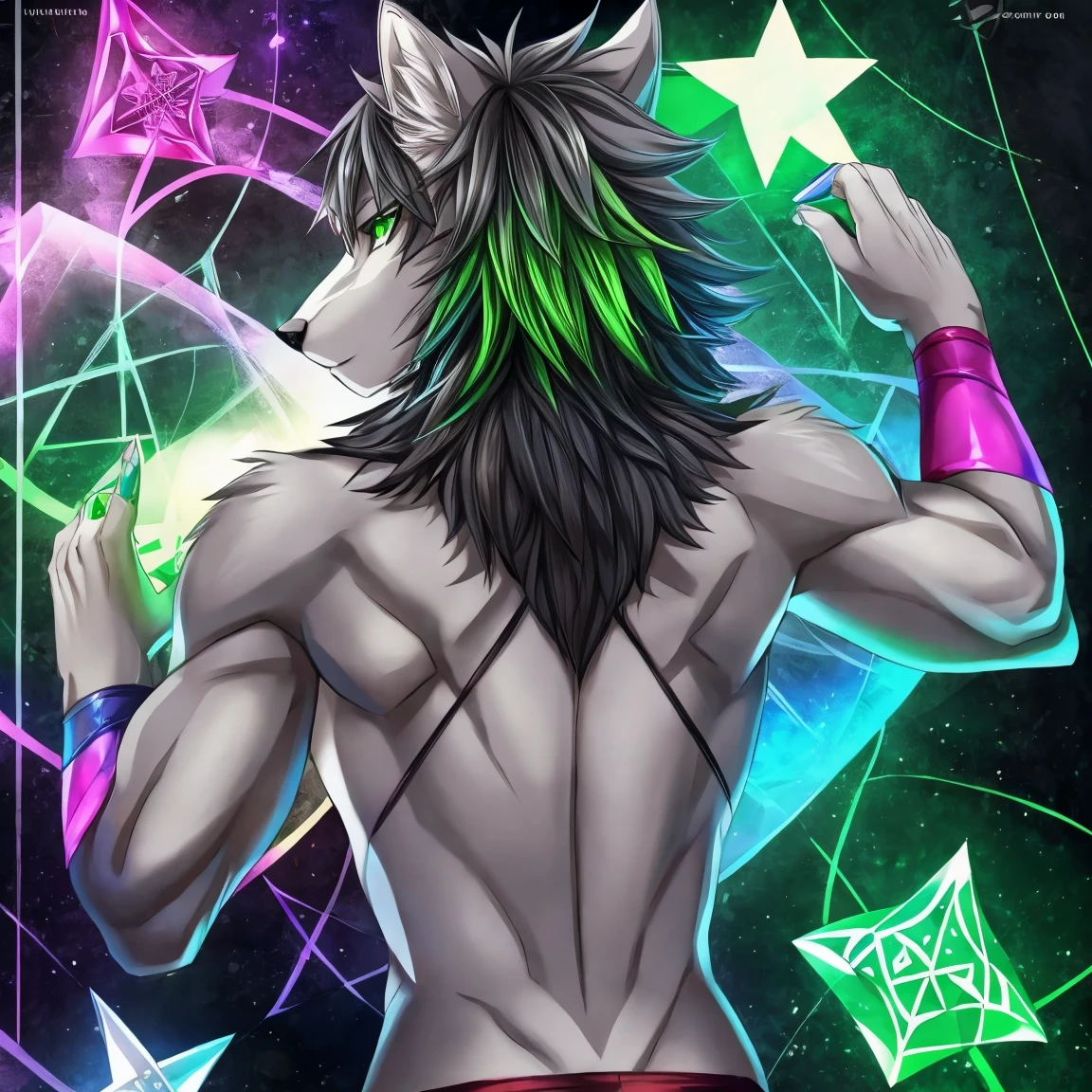 Gray anime wolf with green eyes and hair and pentagrams on right hand and back that are colors green sexy gay themed
