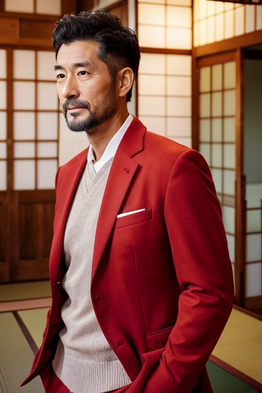 Japanese man in his 50s,Upper body portrait,Red suit,Uncle,Buxom