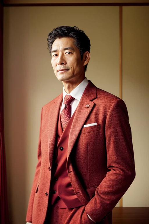 Japanese man in his 50s,Upper body portrait,Red suit,Uncle,Buxom