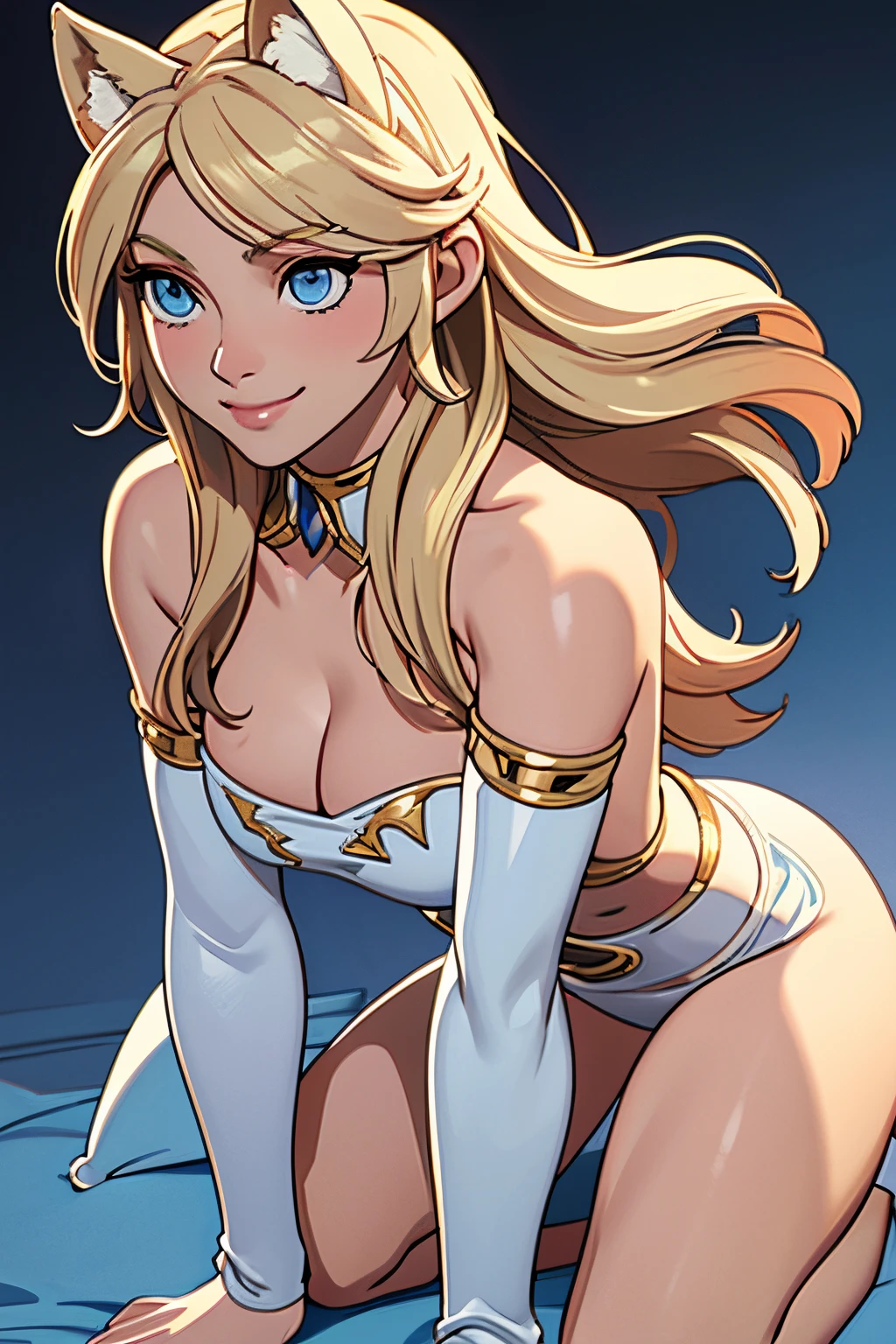 close up 1girl in, ager, Solo, (blond, straight blonde hair, super long blonde hair:1.2), ((light blue eyes)), perfect clear skin, medium breasts, (thin hips, thin waist: 1.25), neutral face, shy smile, (kneeling: 1.25), wearing Warcraft armor, Janea Proudmore, (dirty blond fox ear:1.25), simple backgroundmasterpiece, best quality,3d rending work ,3DMM style, close-up, portrait, 3D,