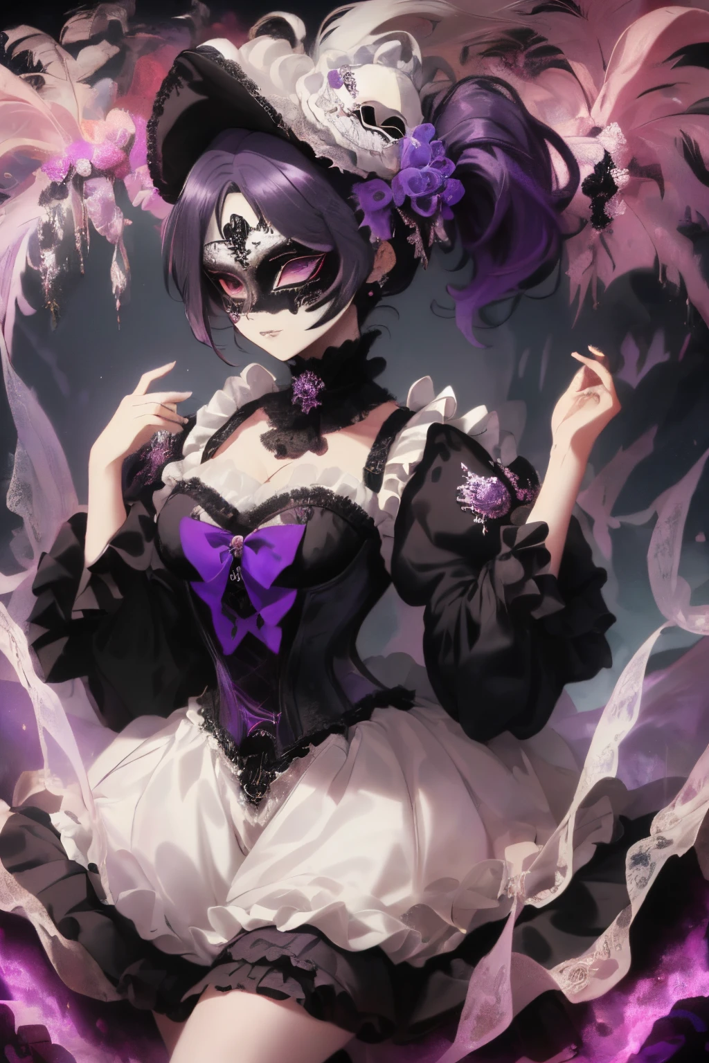 ((Hair that is a mixture of black and dark purple)),(side tied ponytail),((She is wearing a white mask like one would wear at a masquerade ball..)),((face mask that covers the eyes)),((A dress with lots of black and purple frills)),(flare sleeve),((corsets)),((The hem of the dress is long enough to reach the ground.)),(A chaotic worldview mixed with black, Red, and purples),(Tartarus),(Hellish world),((abyss)),