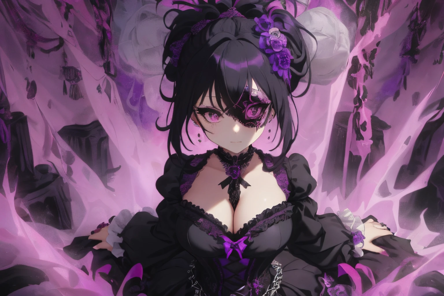 ((Hair that is a mixture of black and dark purple)),(side tied ponytail),((She is wearing a mask like one would wear at a masquerade ball....)),((Mask to cover the eyes)),((A dress with lots of black and purple frills)),(flare sleeve),((corsets)),((The hem of the dress is long enough to reach the ground.)),(A chaotic worldview mixed with black, Red, and purples),(Tartarus),(Hellish world),((abyss)),