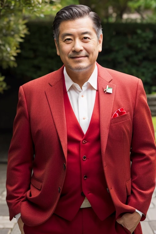 Japanese man in his 50s,Upper body portrait,Red suit,Uncle,Fat