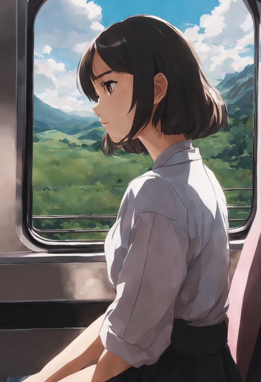 Visualize an anime girl sitting by the window on a train, watching the landscape rush by. Her expression is thoughtful, possibly reflecting on a recent event or on the journey ahead.