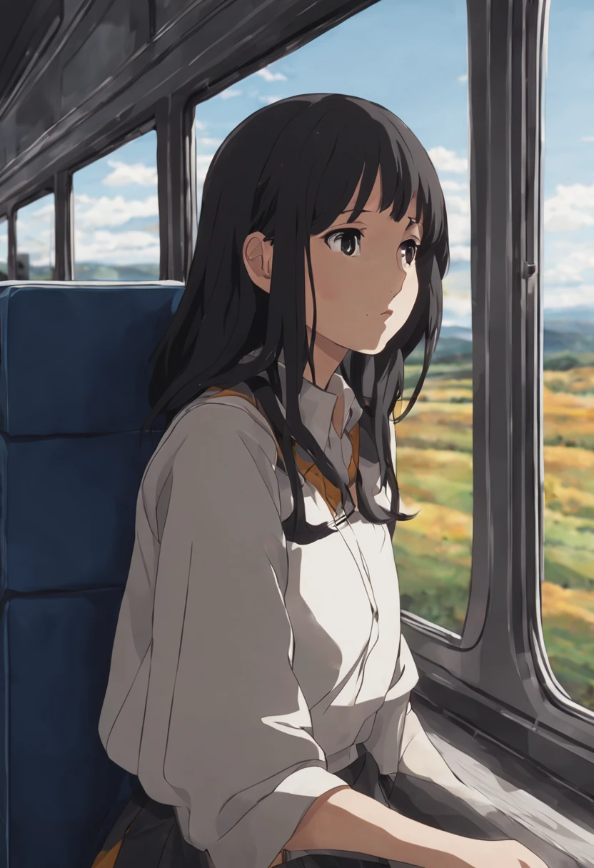 Visualize an anime girl sitting by the window on a train, watching the landscape rush by. Her expression is thoughtful, possibly reflecting on a recent event or on the journey ahead.