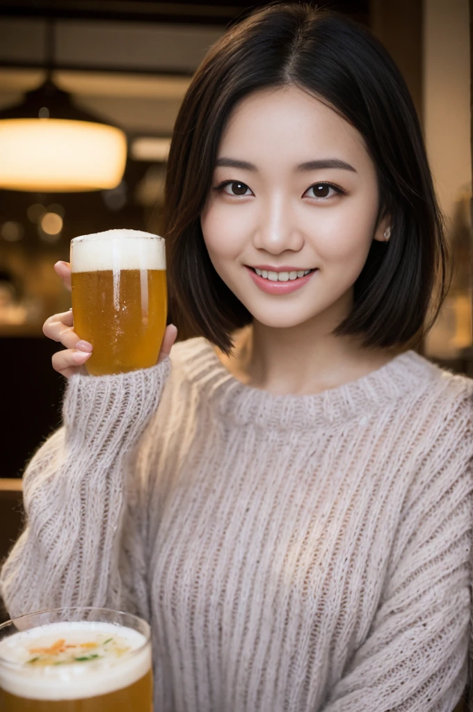 (8K、top-quality、​masterpiece:1.2)、(reallistic、Photorealsitic:1.2)Crowded shops、There is a woman sitting and drinking beer, bar girl, In a tatami room, with a drink, Drinking beer, In the pub, In the pub, at bar,at bar, Drinking beer, Drink at the bar, low-cut top, Sashimi set meal　And food　Karaage　downbrouse、No bangs:1.10、straight flat chest:1.20, (leaning-forward:1.3)、(Oversized sweater、Loose sweater、Low-cut sweater:1.5)、bra very.10, Pink areola is visible:1.20,  A Cup:1.20, Erotic, (top-quality、8K、32K、​masterpiece)、japanes、22year old、Very pretty girl、a beauty girl、Bright smile、outside of house、shinny skin、blurry backround、short-cut:1.10、Ear hooks:1.20, A dark-haired:1.10, Upper body close-up、Shot from above　A refreshing smile　Alafed Girl, chiho, iwakura lain, closeup Iwakura Lain, With short hair, Shiori Teshirogi, Kotegawa Yui, hime-cut, She is 22 years old, sui ishida with black hair, lain iwakura, girl cute-fine-face, Clear pubic contours,(Small breasts), hight resolution, ighly detailed, top-quality, [​masterpiece:1.6],, ighly detailed, nffsw, finely detail, top-quality, , Cinematographic lighting, 1girl in、22year old、Cute Japan Girls、perfect body type、, Cute droopy eyes、Beautiful big eyes、ultra-detailliert、hight resolution、Transcendent beauty　top-quality、​masterpiece、majicMIX Real、(Raw photography:1.2)、(Photorealsitic:1.4)、sushi restaurant　Japanese restaurant　Izakaya、japanese style bar、Beer mug、Kamimei(8K、top-quality、​masterpiece:1.2)、(reallistic、Photorealsitic:1.2)