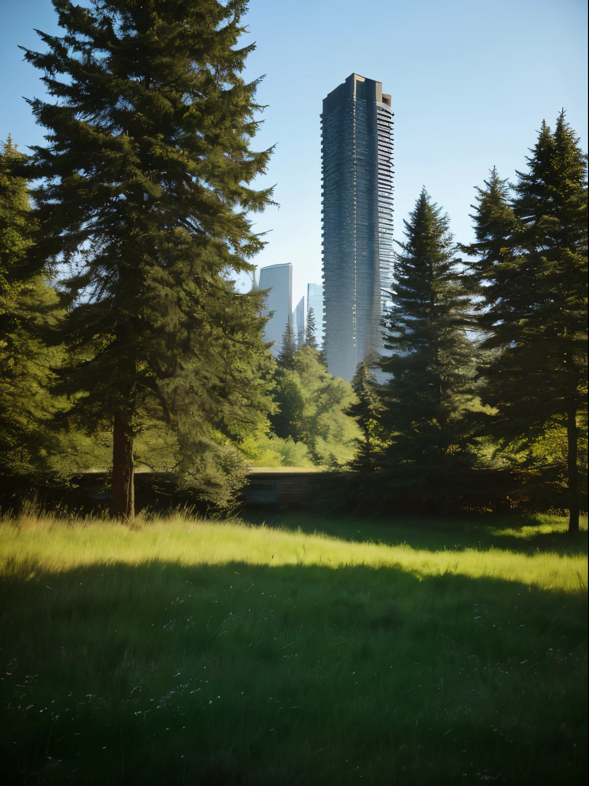 tall concrete, abandoned, single, far view, meadow, high details, day time, no one