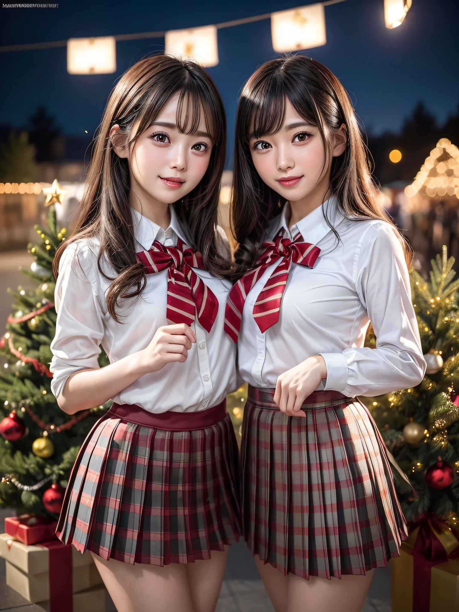 (2girls:1.4), Extremely cute, Amazing face and eyes, (Beautiful lovely smile), (extremely detailed beautiful face), bright and shiny lips, (School uniform, Pleated skirt:1.3), (Best Quality:1.4), (hyper quality), (Ultra-detailed), (Hyper-realistic, Photorealsitic:1.37), Authentic skin texture, intricate-detail, extremely detailed CG unified 8k wallpaper, RAW Photos, professional photograpy, Cinematic lighting, Exposing, Christmas tree, Christmas Ornaments, Christmas Decorations, Christmas Lights, christmas lights,