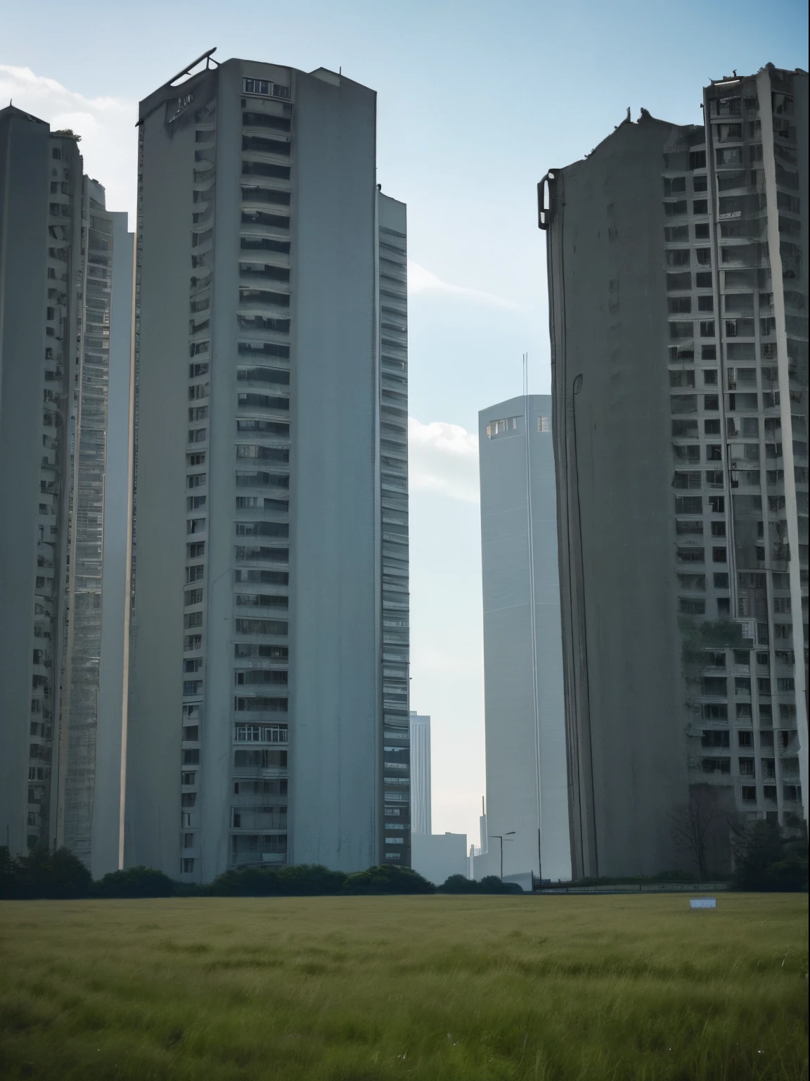 tall concrete, abandoned, single, far view, meadow, high details, day time, no one