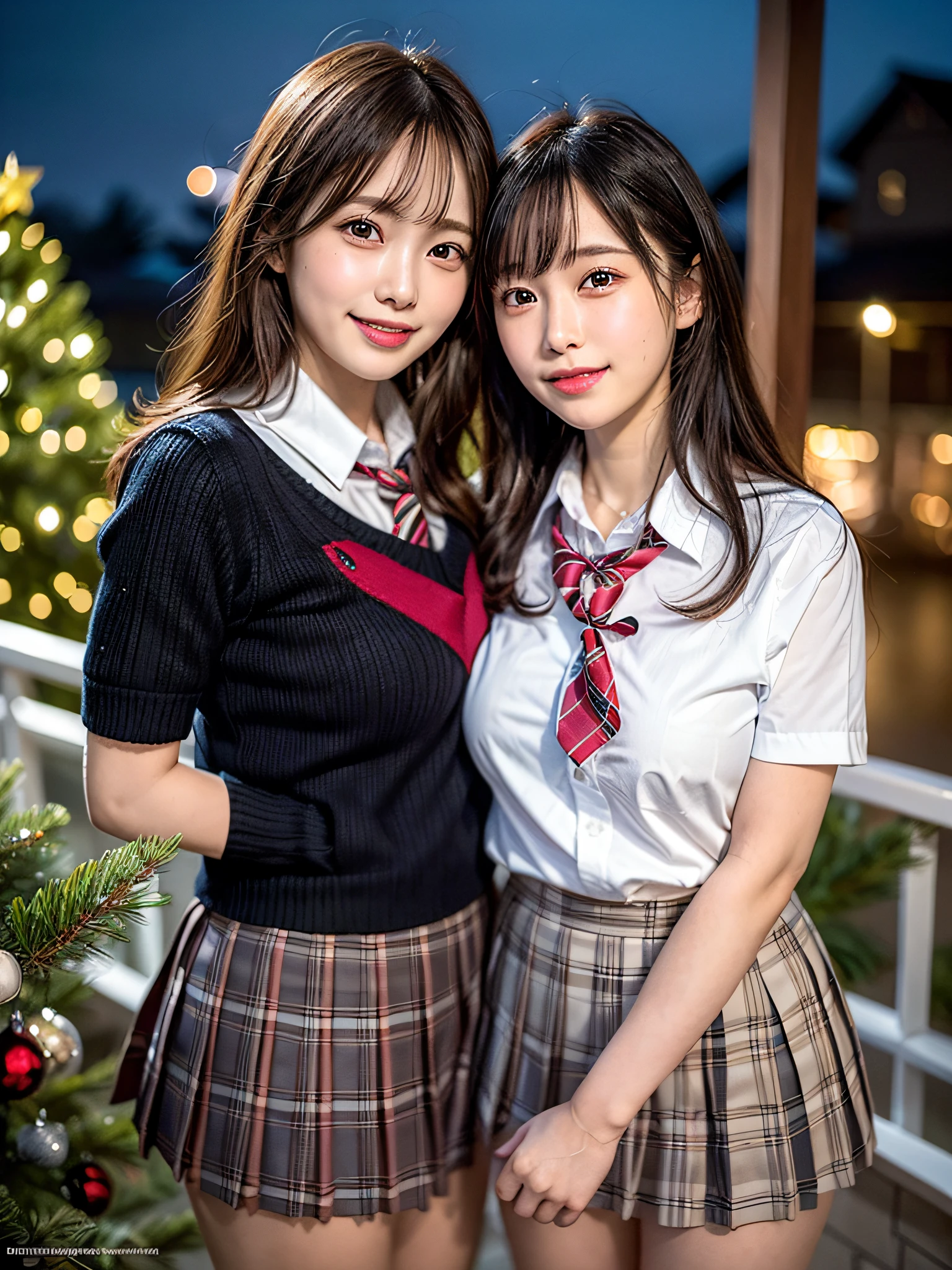 (2girls:1.4), Extremely cute, Amazing face and eyes, (Beautiful lovely smile), (extremely detailed beautiful face), bright and shiny lips, (School uniform, Pleated skirt:1.3), (Best Quality:1.4), (hyper quality), (Ultra-detailed), (Hyper-realistic, Photorealsitic:1.37), Authentic skin texture, intricate-detail, extremely detailed CG unified 8k wallpaper, RAW Photos, professional photograpy, Cinematic lighting, Exposing, Christmas tree, Christmas Ornaments, Christmas Decorations, Christmas Lights, christmas lights,