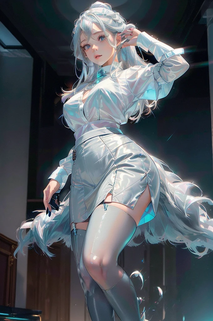 (((1 girl)),ray tracing,(dim lighting),[detailed background (living room)),((silver hair)),(silver hair)),((Fluffy silver hair, plump and slender girl)) with high ponytail))) Avoid golden eyes in the ominous living room ((((Girl wears white opaque shirt, black wrinkled skirt with black transparent stockings), showing a delicate and slender figure and graceful curves, correct limbs, hands behind the head, hands behind the head, hands behind the head , eye details, beautiful eyes, delicate eyes, blue eyes