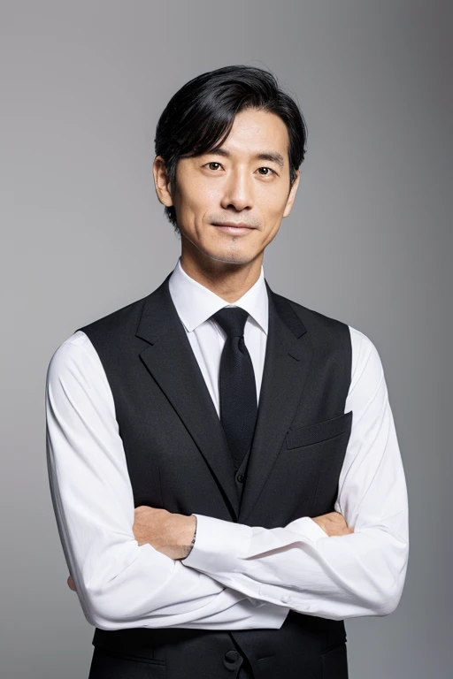 Japanese man in his 50s,Upper body portrait,Black suit,Uncle,White background