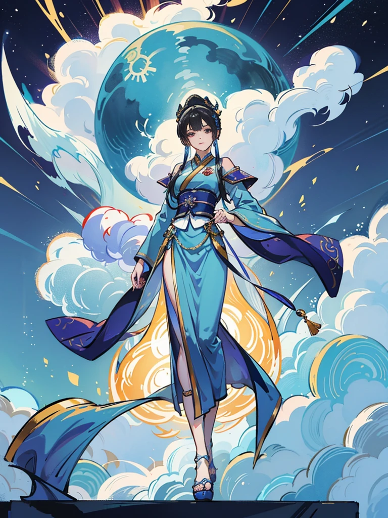 Close-up of a woman in a blue dress standing on stage, high detail face, full-body xianxia, lunar themed attire, astral witch clothes, inspired by Li Mei-shu, cotton cloud mage robes, fantasyoutfit, tai costume, cloud mage robes, inspired by Leng Mei, Yun Ling, full-body wuxia, flowing magical robe, Xianxia