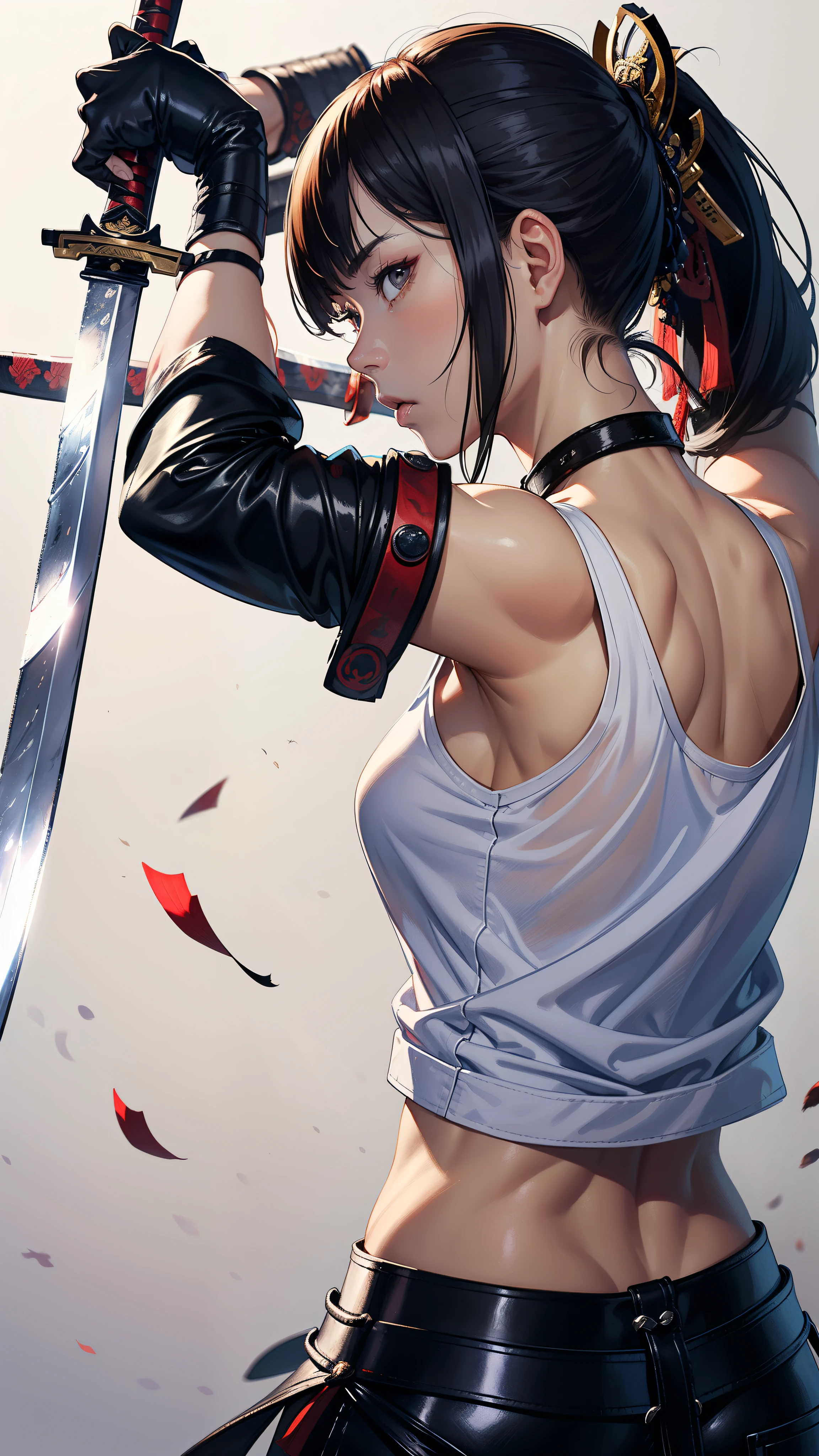 (masterpiece1.5),hyper quality, Hyper Detailed,Perfect drawing,1 persons、Back view,Adult woman holding Japan sword in hand、samurais、lustrous beautiful skin、Melancholy look、A dark-haired、poneyTail、Red ribbons、(((Tank Tops))),(((leather pant))),(((Beautiful muscles))),(((Beautiful samurai sword:1.3))).3D、16K illustrations、((clearface))、Hi-Res、Nice backgrounds for your subject、((Background of Japan in the Edo period))、spot light、Vibrant colors、(((Detailed drawing)))、Perfect Beautiful Girl、(((Perfect Photo))),(Dynamic Action Pose:1.2)