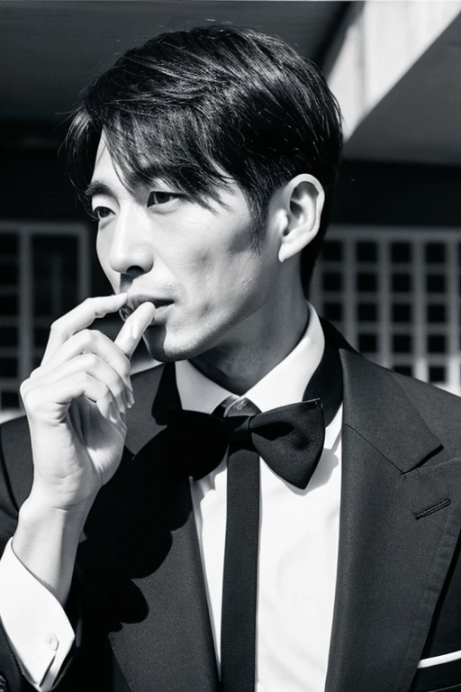 handsome asian man face (((Smoke a cigarette.))) bearded, serious expression. ((natural expression. he is not looking ahead. he is looking diagonally.)) (he is wearing light clothes, dull black jacket. He doesn't wear glasses. (completely one subject, 1 person only.) Dark night atmosphere. ((realistic, super high quality, perfect composition, Professional shots, large file size, Beautiful model atmosphere, Canon EOS R5, Canon EF24-70mm F2.8LⅡUSM, Kodak Ector 100)).