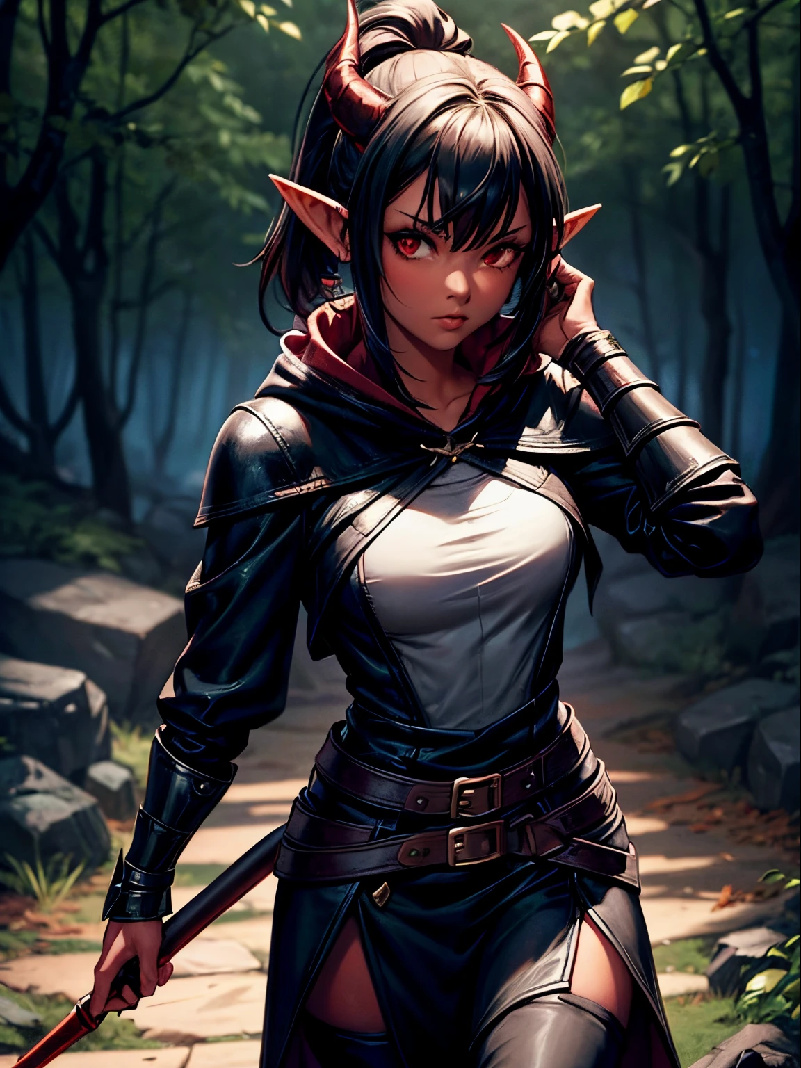 1girl, short all black hair in loose ponytail, soft red eyes, innocent eyes, elf ears, colored skin, red skin, 2 Black demon horns, demon horns, black horns, average body, wearing full leather armor, rogue cloak, hooded cloak, hood down, leather armor, rogue armor, ranger armor, covered body, fully covered, SFW, non-revealing, safe, PG13, dungeons and dragons, DnD, D&D, rogue, assassin, thief, walking through a forest, night time, dark, night, looking at viewer