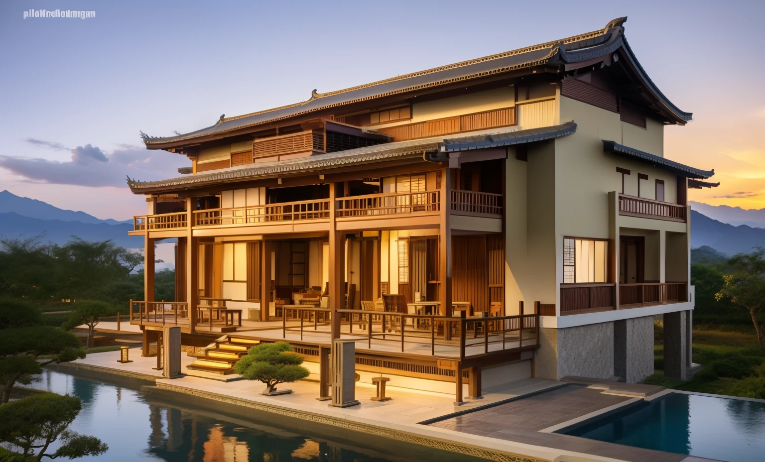 architecture outdoor dining, japan villa house in the background, many stilt house, brown tile roof, house wall yellow, morden building on the moutain, Ethnic Vietnam, natural color, sunset, two-point perspective, human perspective, realistic, photographic, rendering, masterpiece, high quality, ultra-detailed, 4K