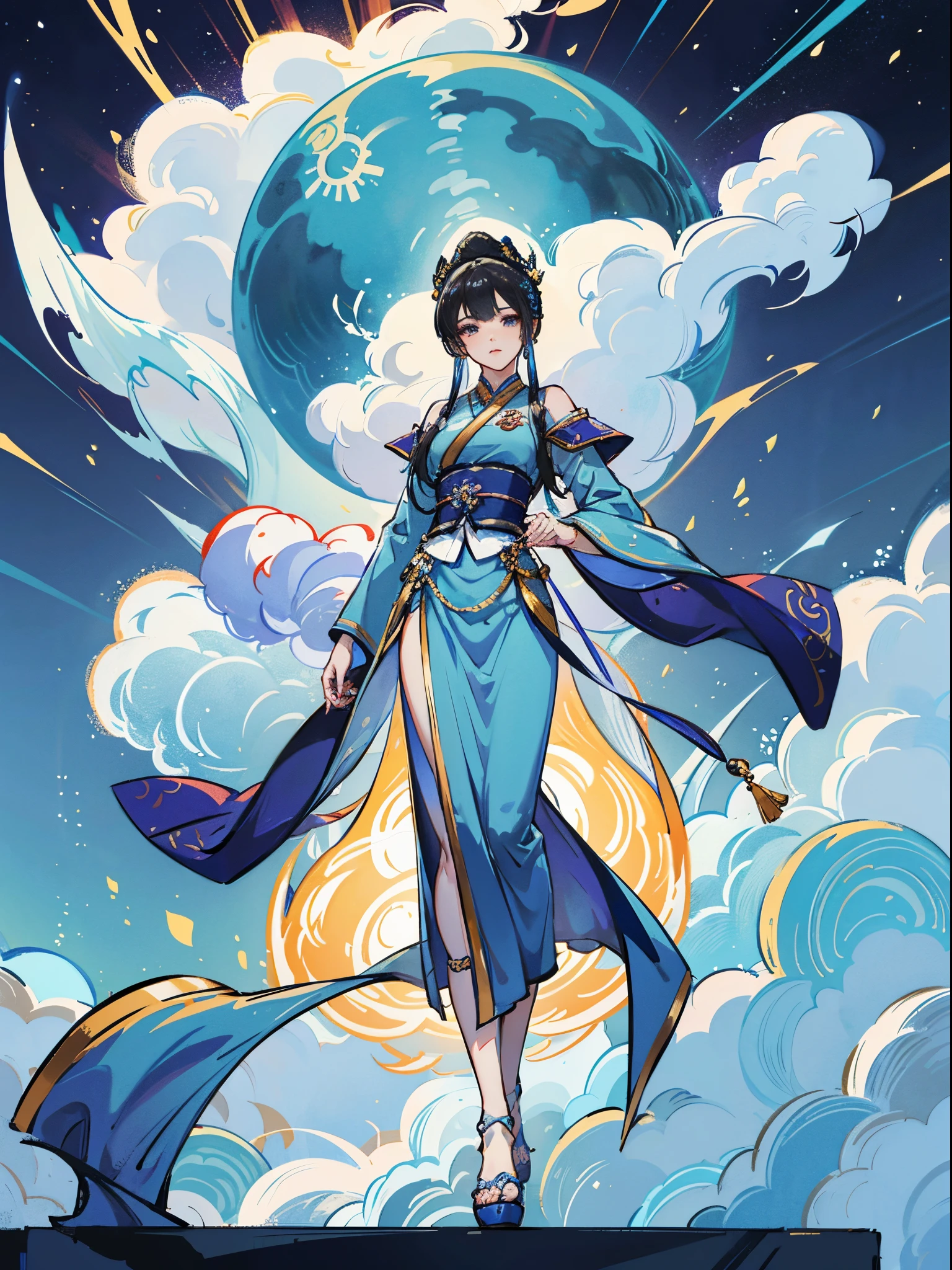 Close-up of a woman in a blue dress standing on stage, high detail face, full-body xianxia, lunar themed attire, astral witch clothes, inspired by Li Mei-shu, cotton cloud mage robes, fantasyoutfit, tai costume, cloud mage robes, inspired by Leng Mei, Yun Ling, full-body wuxia, flowing magical robe, Xianxia