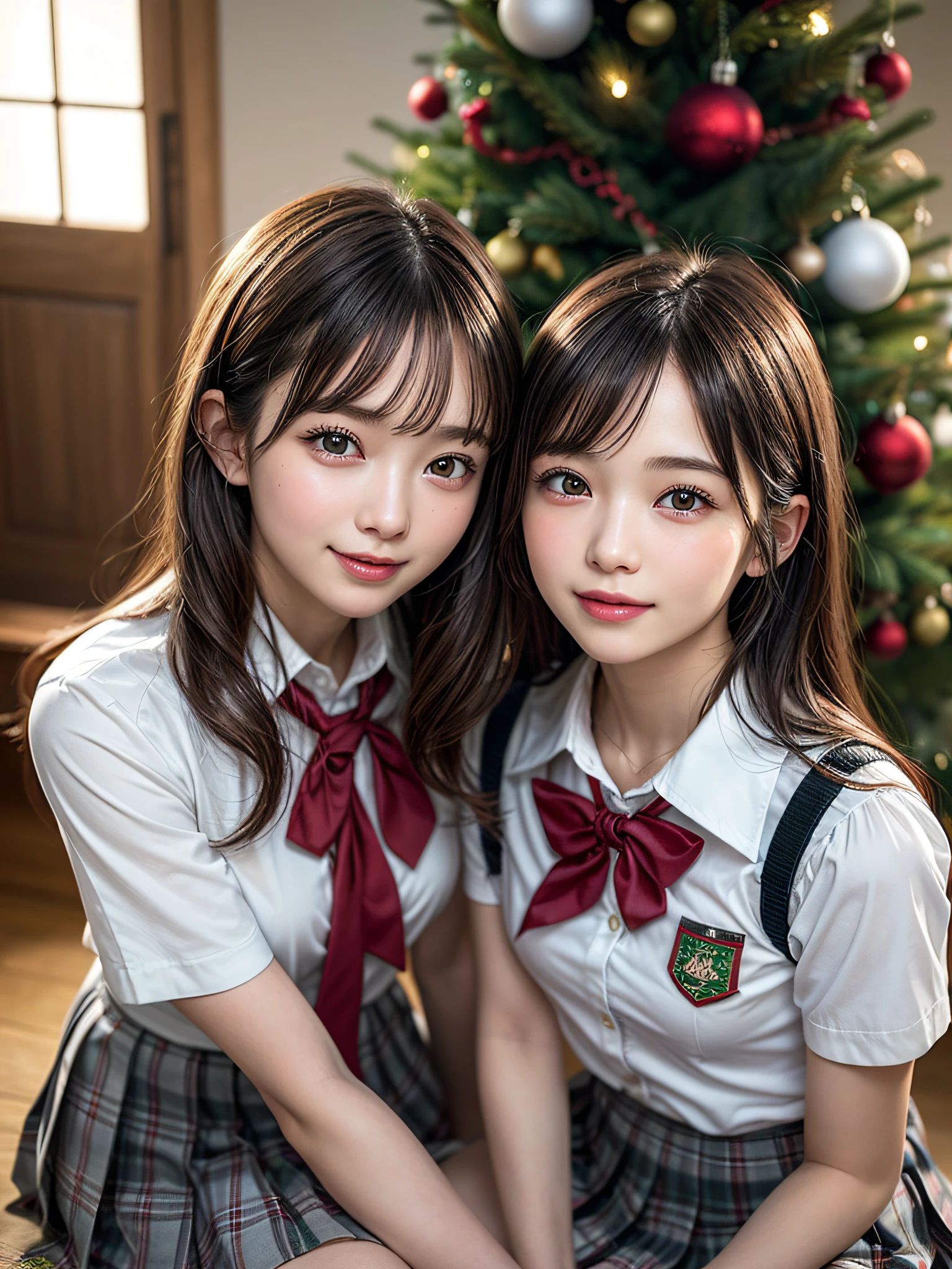 (2girls:1.4), Extremely cute, Amazing face and eyes, (Beautiful lovely smile), (extremely detailed beautiful face), bright and shiny lips, (School uniform, Pleated skirt:1.3), (Best Quality:1.4), (hyper quality), (Ultra-detailed), (Hyper-realistic, Photorealsitic:1.37), Authentic skin texture, intricate-detail, extremely detailed CG unified 8k wallpaper, RAW Photos, professional photograpy, Cinematic lighting, Exposing, Christmas tree, Christmas Ornaments, Christmas Decorations, Christmas Lights, christmas lights,