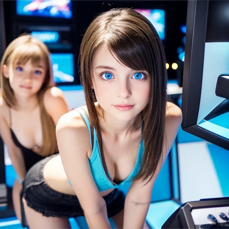 Stunning Sweet Cuties. photorealistic girl, eyes, blue eyes, skinny, girl, mini, real Beautiful face, playing full body standing, with friend, sexy, egirl, gameroom