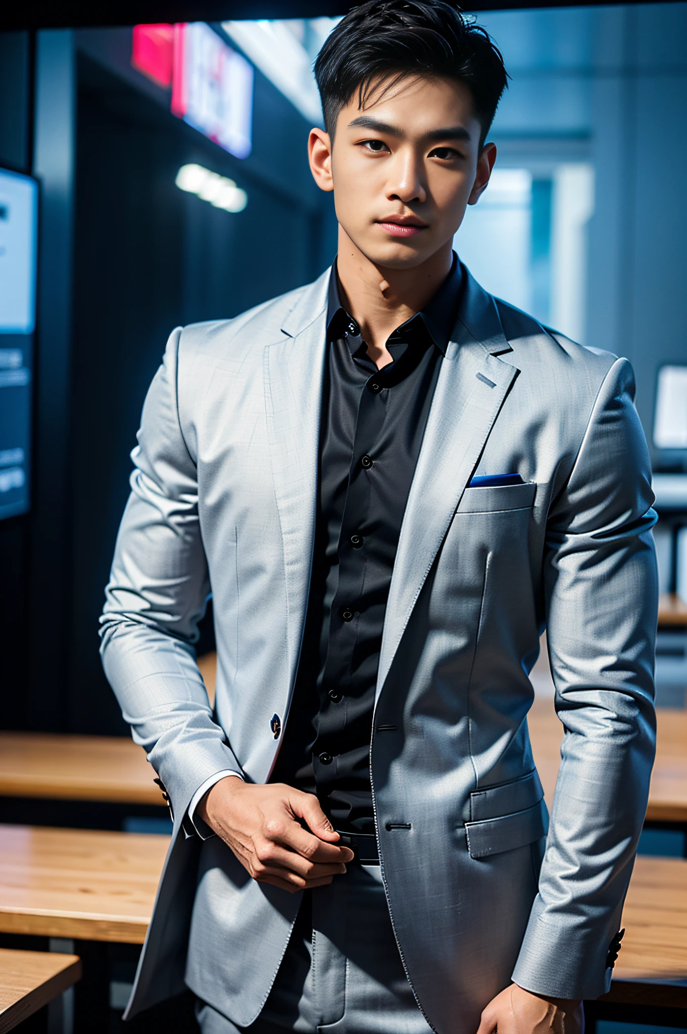 masterpiece, bestquality, High Quality, extremely detailed cg unity 8k wallpaper, Depth of Field, HDR,,photorealistic portrait,Very detailed, 1 man, Asian short hair, black hair (Wear a suit shirt..), Pectoral muscles, Big arm muscles, blood vessel, Big muscles, Wide shoulders, looking at the audience, balance eyes, (eye contact)