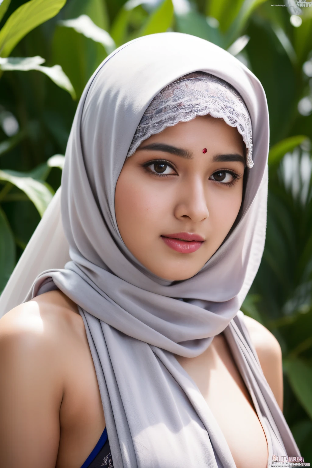 intricate, top-quality,Beautiful detailed hijabi,Bewitching face,(((kerala))) model,long lashes,Detailed details,Colossal tits,sideboobs,stares at the camera
