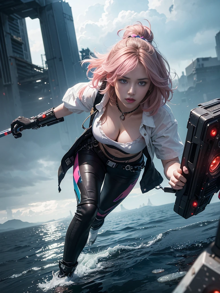 Unbeatable masterpiece, Ultra photo realistic, Perfect artwork, Intricate details, Best quality, Strong light, High contrast, Cyberpunk , Quantum punk, Nano punk , (Machinary:1.3)(Masterpiece) , (Best quality) , (extremely detailed wallpaper CG unity 8k) , (best character detail:1.36) , marshes ,Oppressive skies , Dark clouds , ([Specular reflection water]:1.37) , (fantasy) , cumulonimbus clouds , (The oppressive atmosphere of the host:1.14) , (Cold light:1.2) , Color splattering , Colorful , Brown hair , full body ,White background , Blue eyes , wariza , hair adornments , Simple background , cube hair ornament , Pink hair , 1girl , bangs , action pose, fierce eyes, hand holding small weapon, very sexy, torn shirt, cleavage, medium breast