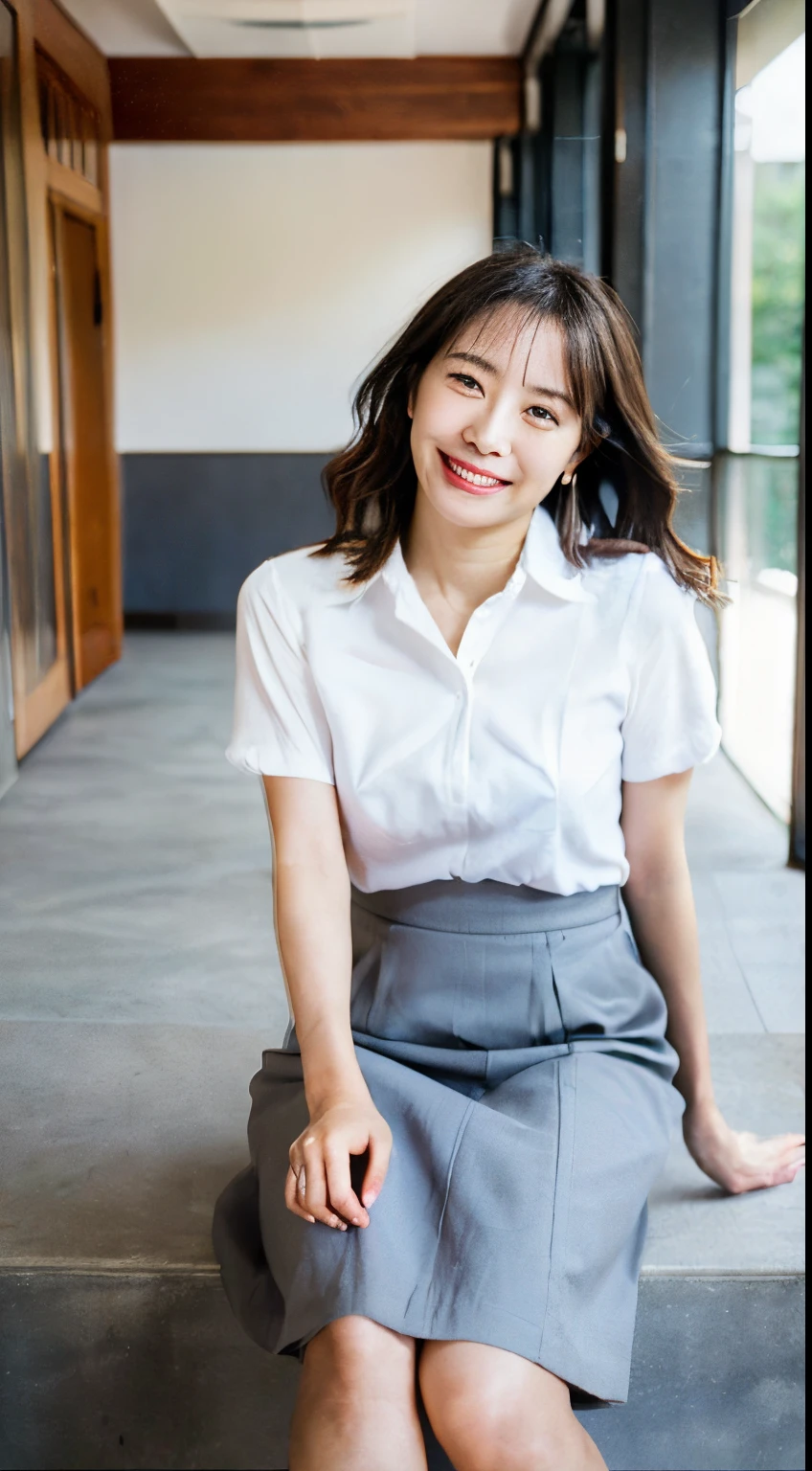 (top-quality,masterpiece:1.3,超A high resolution,),(ultra-detailliert,Caustics),(Photorealsitic:1.4,RAW shooting,) Use natural light and color,Woman in her 30s,japanes,,kawaii,((A big smile:1.5)), ((Random and cute facial expressions:1.5)), ((Random and cute hairstyles)),(depth of fields:1.3、,Best Quality, Full body portrait, Delicate face, attractive business beauty, White collared shirt, grey skirt, Black stockings, Sitting position,Modern meeting room