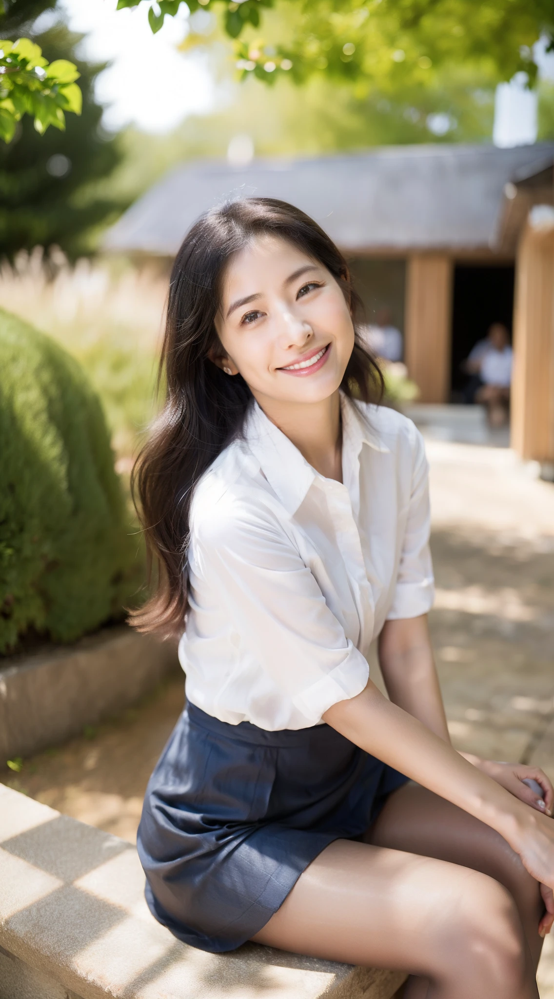 (top-quality,masterpiece:1.3,超A high resolution,),(ultra-detailliert,Caustics),(Photorealsitic:1.4,RAW shooting,) Use natural light and color,Woman in her 30s,japanes,,kawaii,((A big smile:1.5)), ((Random and cute facial expressions:1.5)), ((Random and cute hairstyles)),(depth of fields:1.3、,Best Quality, Full body portrait, Delicate face, attractive business beauty, White collared shirt, grey skirt, Black stockings, Outdoor Scene, Sitting position,Modern meeting room