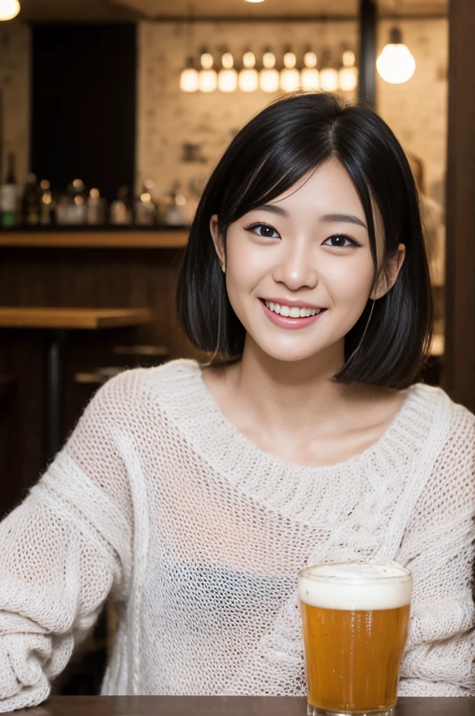 (8K、top-quality、​masterpiece:1.2)、(reallistic、Photorealsitic:1.2)There is a woman sitting at a table drinking beer, bar girl, In a tatami room, with a drink, Drinking beer, In the pub, In the pub, at bar, Beautiful Asian Girl, Asian Girl, at bar, Drinking beer, Drink at the bar, low-cut top, asian female, Young Asian Girl　Sashimi set meal　And food　Karaage　downbrouse、No bangs:1.10、straight flat chest:1.20, (leaning-forward:1.3)、(Oversized white sweater、Loose sweater、Low-cut sweater:1.5)、bra very.10, Pink areola is visible:1.20,  A Cup:1.20, Erotic, (top-quality、8K、32K、​masterpiece)、japanes、22year old、Very pretty girl、a beauty girl、Bright smile、outside of house、shinny skin、blurry backround、short-cut:1.10、Ear hooks:1.20, A dark-haired:1.10, Upper body close-up、Shot from above　A refreshing smile　Alafed Girl, chiho, iwakura lain, closeup Iwakura Lain, With short hair, Shiori Teshirogi, Kotegawa Yui, hime-cut, She is 22 years old, sui ishida with black hair, lain iwakura, girl cute-fine-face, Clear pubic contours,(Small breasts), hight resolution, ighly detailed, top-quality, [​masterpiece:1.6],, ighly detailed, nffsw, finely detail, top-quality, , Cinematographic lighting, 1girl in、22year old、Cute Japan Girls、perfect body type、, Cute droopy eyes、Beautiful big eyes、ultra-detailliert、hight resolution、Transcendent beauty　top-quality、​masterpiece、majicMIX Real、(Raw photography:1.2)、(Photorealsitic:1.4)、sushi restaurant　Japanese restaurant　Izakaya、japanese style bar、Beer mug、Kamimei(8K、top-quality、​masterpiece:1.2)、(reallistic、Photorealsitic:1.2)