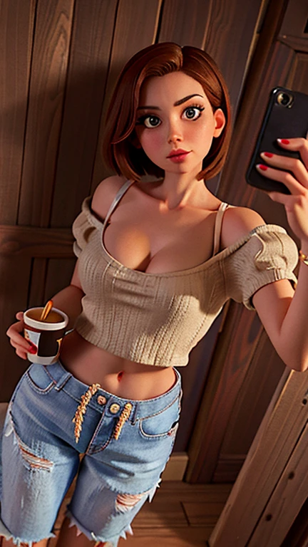 woman taking a selfie in a mirror with a cup of coffee, wearing a sexy cropped top, wearing a cute top, wearing crop top, crop top, outfit photo, cute top, casual, fit pic, low cut top, wearing a crop top, wearing a cropped top, croptop, 2 4 year old female model, better known as amouranth, looking hot