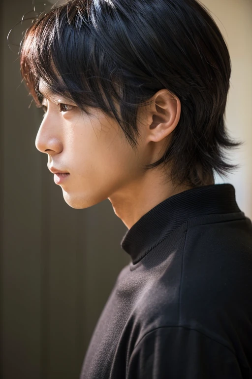 Japanese handsome man,profile portrait,Black shirt,Has short hair permed