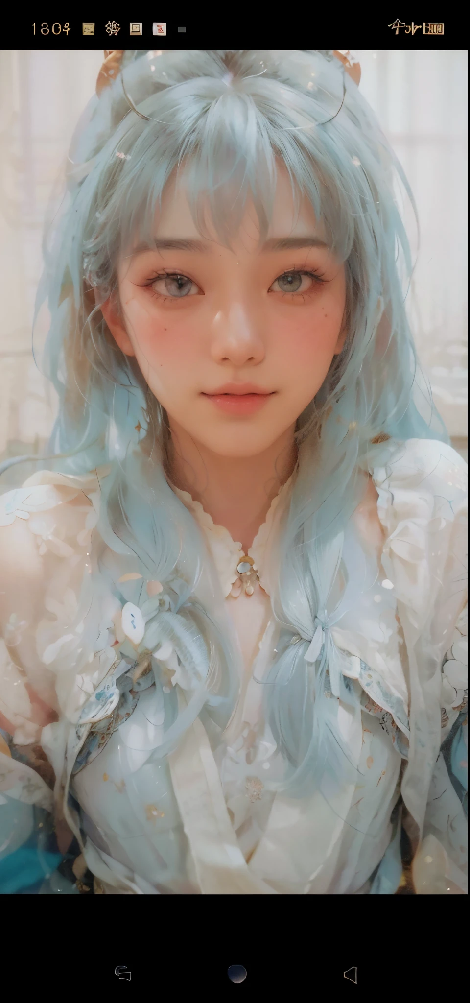 (RAW photo, best quality), (realistic, photo-realistic:1.3), best quality, highly detailed, masterpiece, ultra-detailed, illustration, a maid, photo, freehand style, silk bun, plain makeup, plain decoration, blue and white porcelain mirror, silk curtain, copper lamp, Tai Shi chair, master work A beautiful girl, the most beautiful big eyes, Hanfu, delicate facial features, blush, smile, antique style, no shoulders, beauty, long hair, cute beauty, dynamic angle, world mastery theater, messy_long_hair, best quality, extremely detailed CG unity 8k wallpaper, ink, amazing, movie lighting, lens_ flare，dunhuang_style