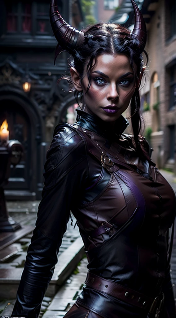 Female Tiefling, medium length black hair, blue eyes, purple skin, leather clothing, full body pose