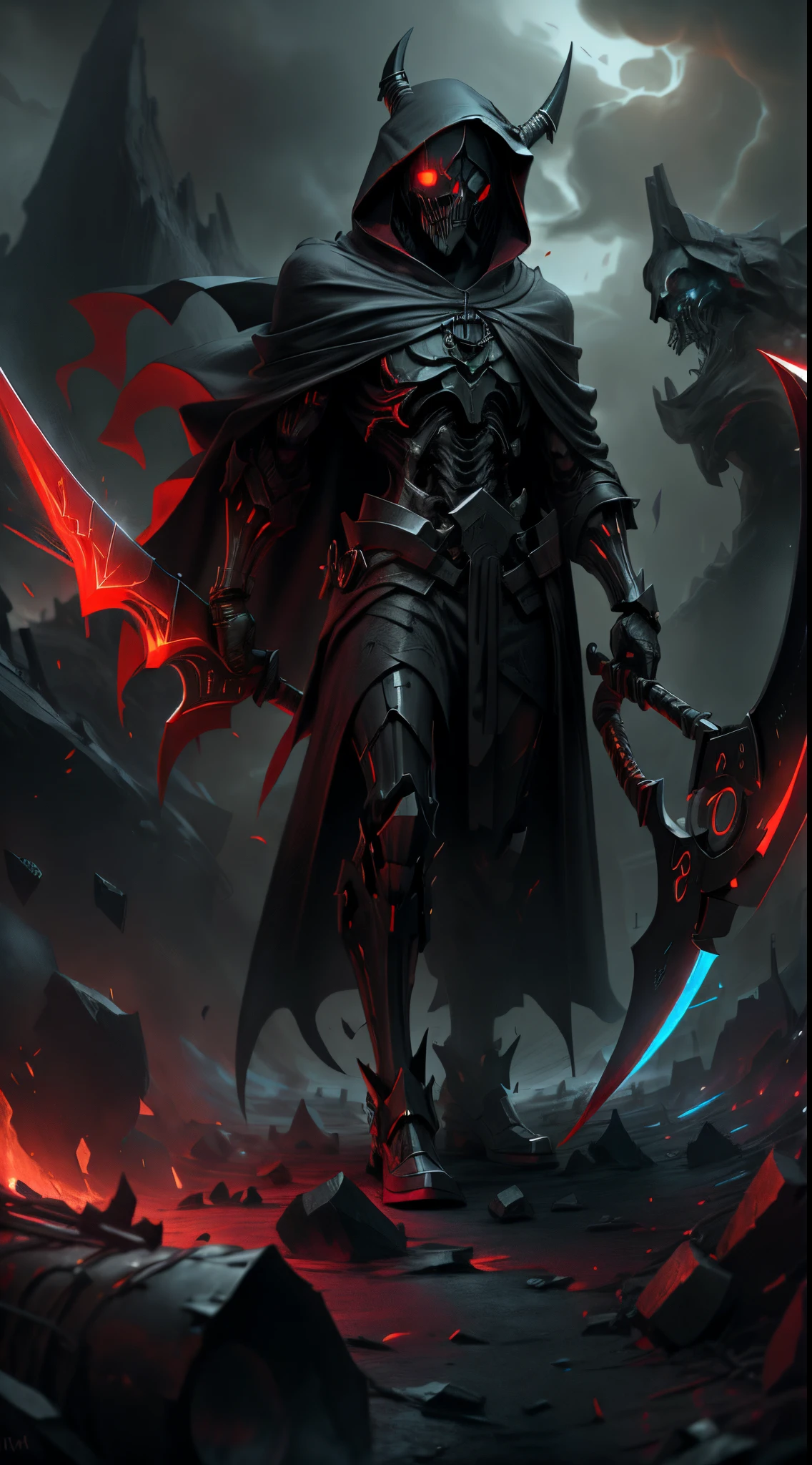 Grim reaper with glowing red eyes, hood, mechanical body, hollow chest, lava grim reaper's scythe. black robes, in a dark world full of ashes and lava, full body, from below view