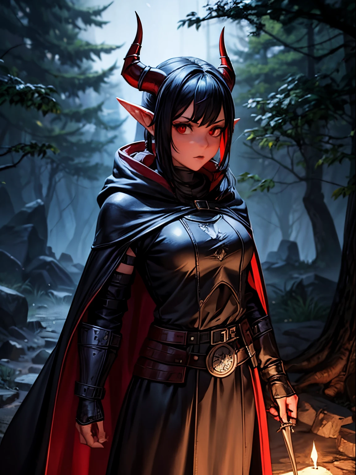 1girl, short all black hair in loose ponytail, soft red eyes, innocent eyes, elf ears, colored skin, red skin, 2 Black demon horns, demon horns, black horns, average body, wearing full leather armor, rogue cloak, hooded cloak, hood down, leather armor, rogue armor, ranger armor, covered body, fully covered, SFW, non-revealing, safe, PG13, dungeons and dragons, DnD, D&D, rogue, assassin, thief, walking through a forest, night time, dark, night, looking at viewer