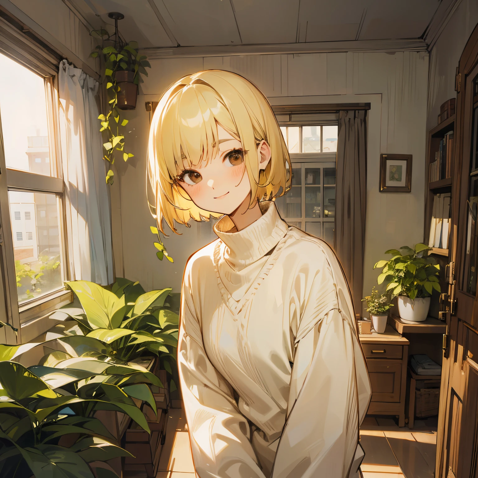 Blonde shorthair woman、Room with houseplants、A slight smil、wearing sweater、Brown eyes