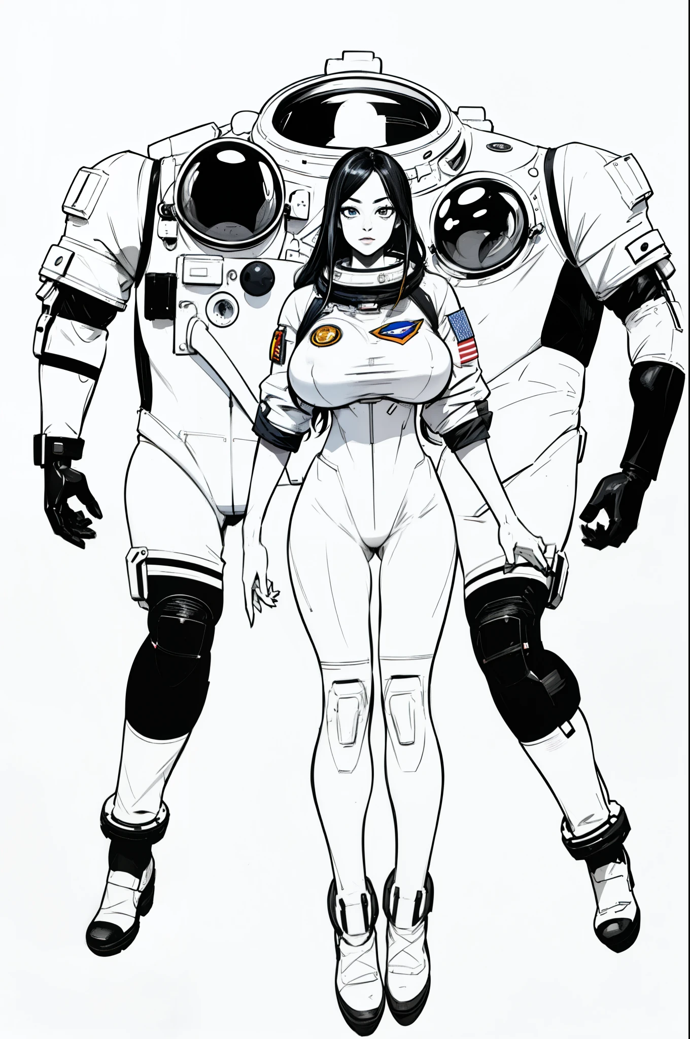 masterpiece, best quality, (detailed background),High contrast,astronaut,gigantic breasts, 1girl,full body, cowboy shot,(white background:1.5),clean lineart,