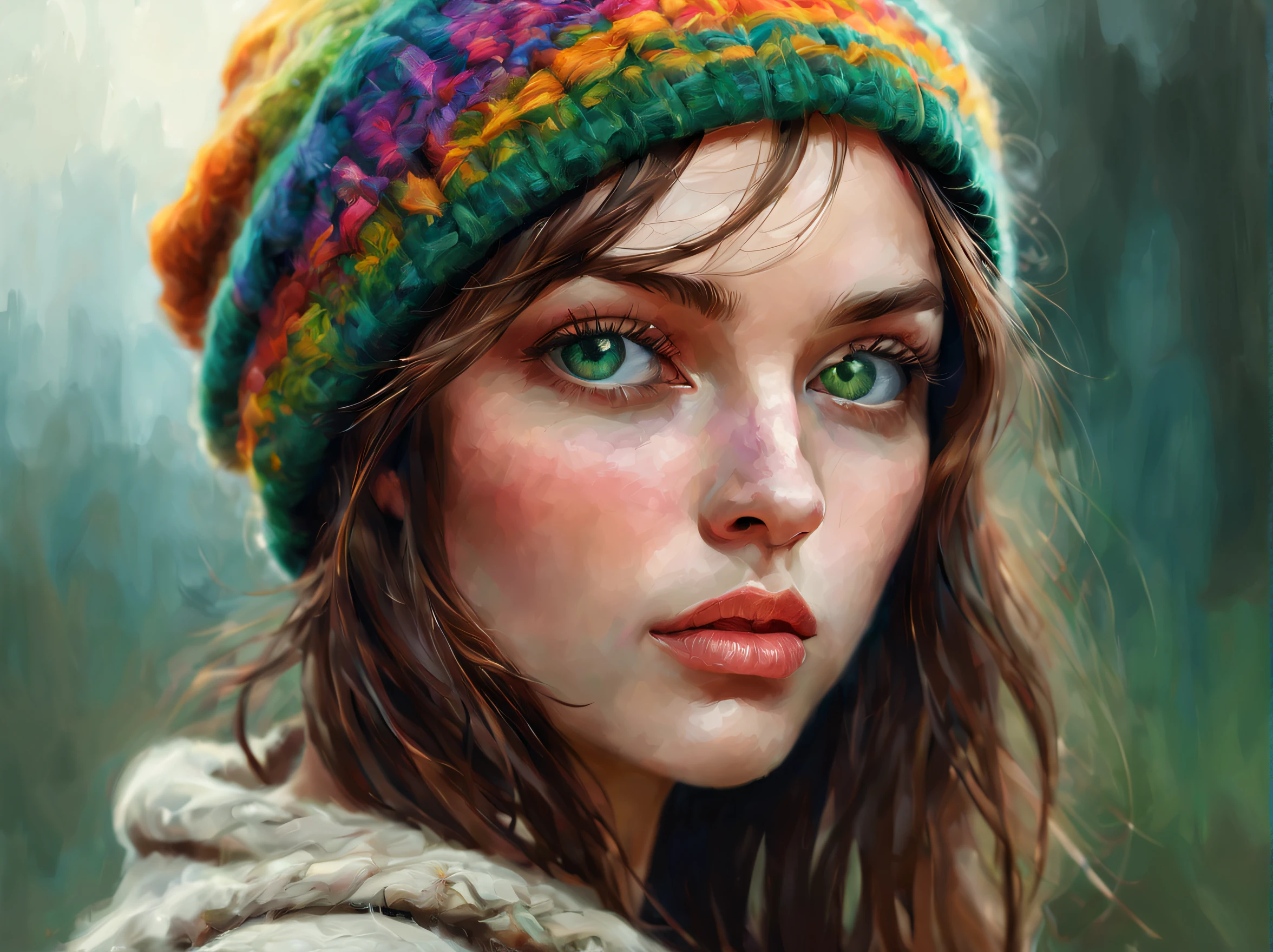 Digital painting using palette knife technique. A beautiful green-eyed girl in profile looking at camera with a brightly colored wool cap, very detailed, 16k. style Vladimir Volegov, Tom Bagshaw, Pino Daemi, Albert Eckhout, Carne Griffiths