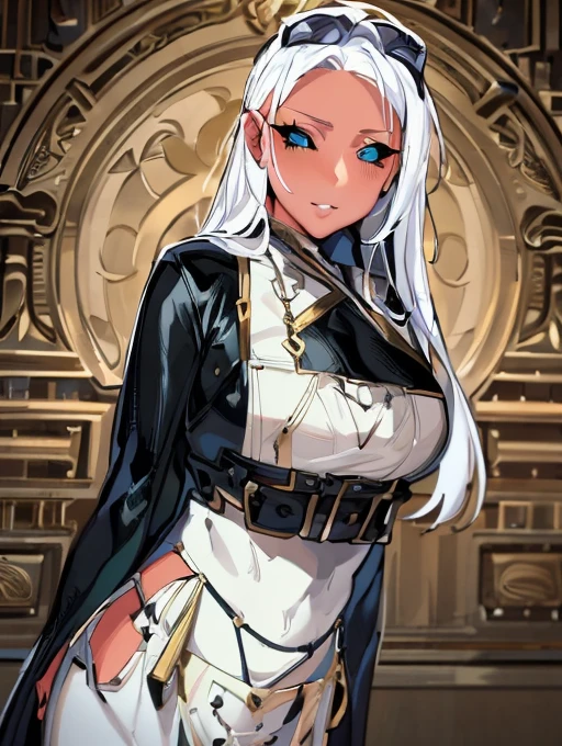 (masterpiece, best quality:1.2), 1girl, (adult:1.2), solo, standing, face focus, cinematic shot, lyla, white hair, long hair, blunt bangs, horns, (black sclera, colored sclera, blue eyes:1.2), looking at viewer, red skin, white shirt, huge breasts, full body,woman-medieval-clothes, robe, dress, longskirt