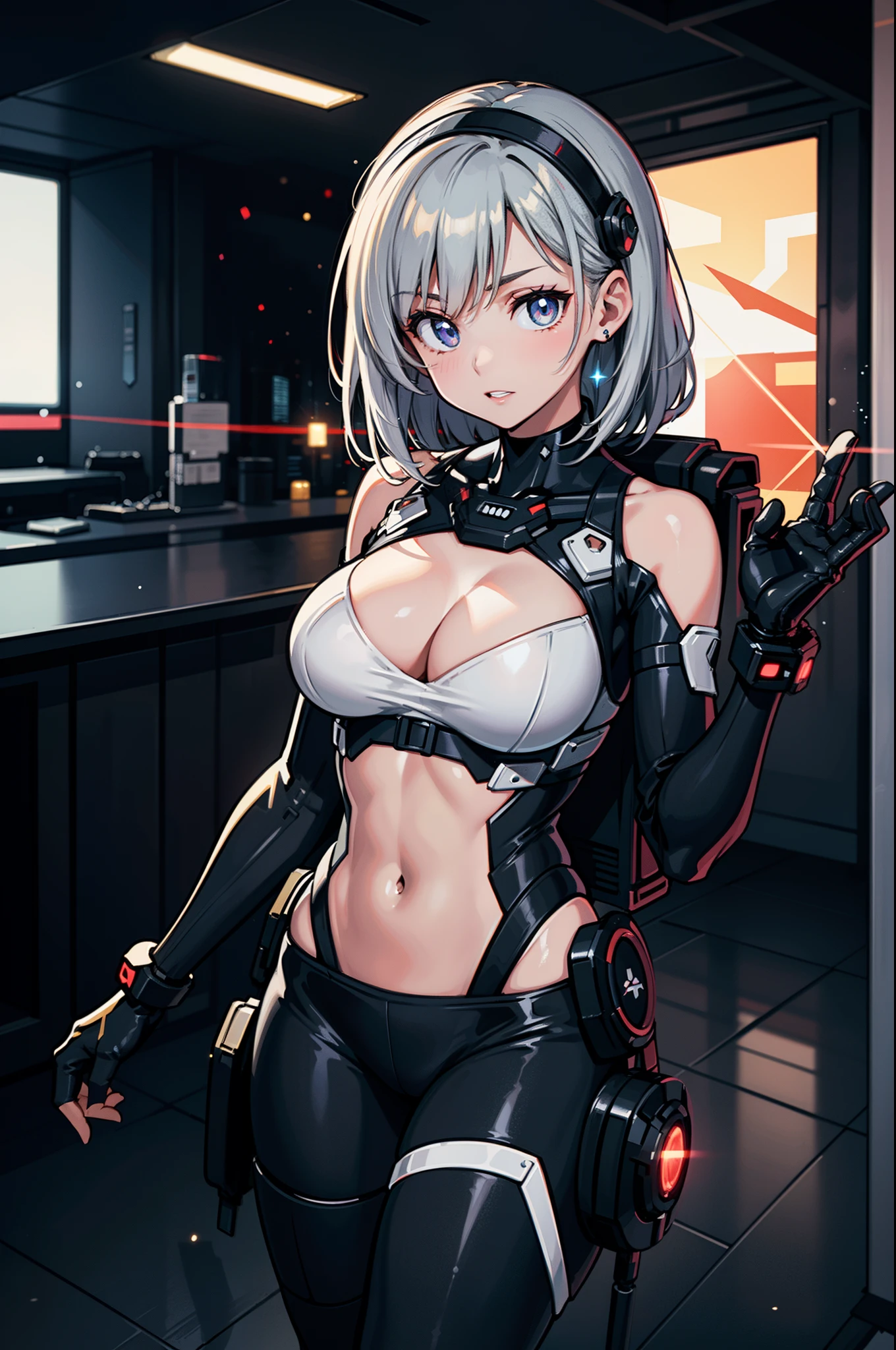 8K Wallpaper, masutepiece, Best Quality, Illustration, Looking at Viewer, Cowboy Shot, 1 woman, Solo, 20 yo, BREAK(Silver hair), Aqours' eyes, Standing Pose ,(white high leg cut bodysuit), 23years old,lights on armor, Cybernetic headdress, a navel,Large breasts,rocket bit ,Deep shading,With cleavage,Looking at the camera, dynamicposes, scientific fiction, nffsw, Ray traching, NVIDIA RTX, Hyper-Resolution, Unreal 5, Sub-surface scattering, PBR Texture, post processed, Anisotropy Filtering, depth of fields, Maximum clarity and sharpness, The Rule of Thirds、(Luminescent particles:1.4)、(cinematic light and shadow、lensflare)、Reflectors、foco nítido、Cyberpunk Art、Cyberpunk architecture、The background is the cockpit inside the spaceship